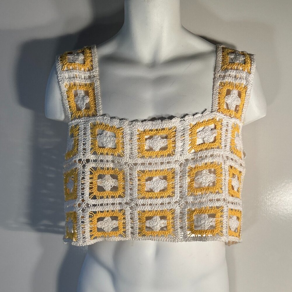 Julia SZM Yellow & White Crochet Tank Vest Top Boho 70's Cottage Retro Country